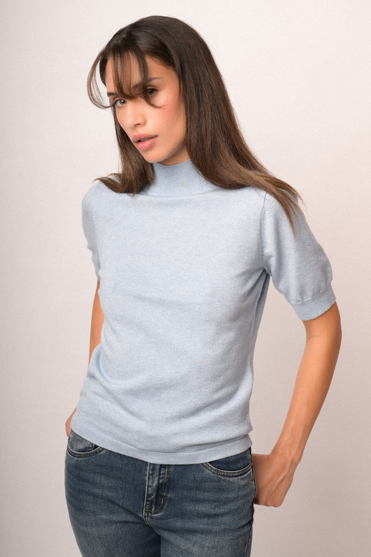 Lupetto a maniche corte in maglia lurex celeste