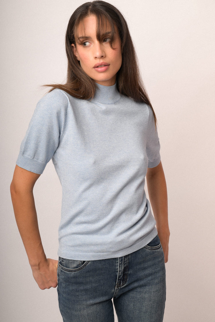 Lupetto a maniche corte in maglia lurex celeste