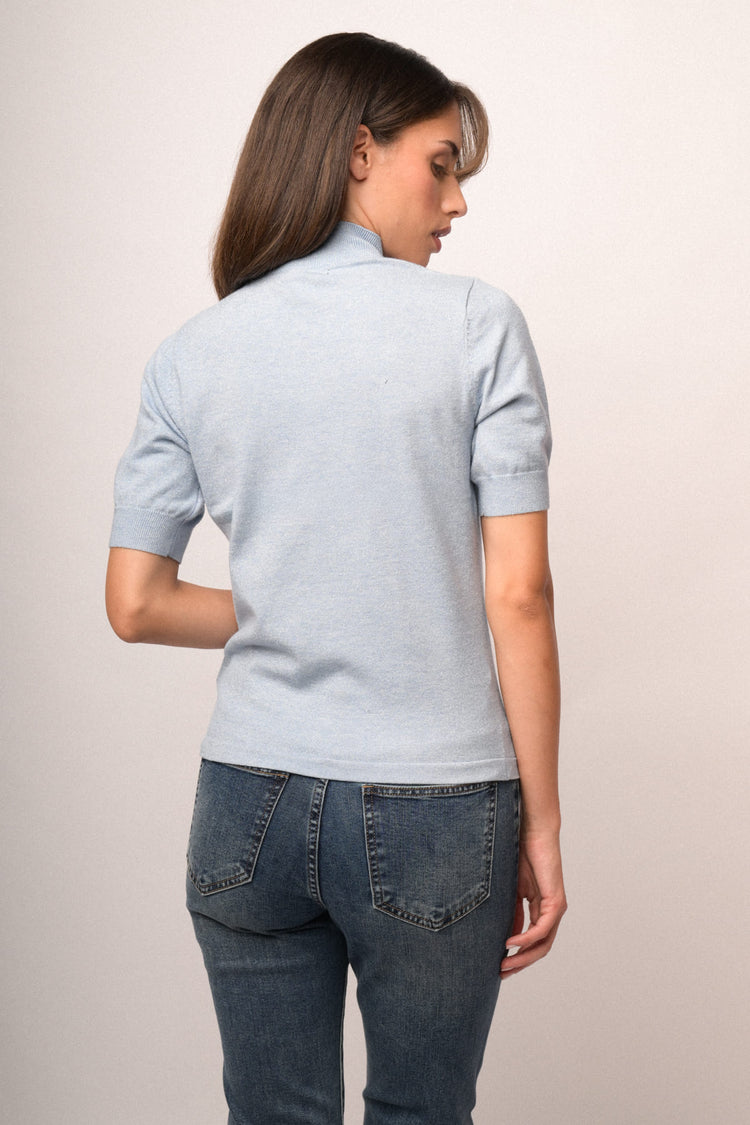 Lupetto a maniche corte in maglia lurex celeste