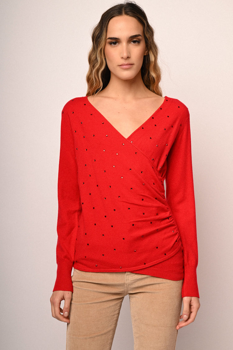 Pull incrociato con decorazione strass
