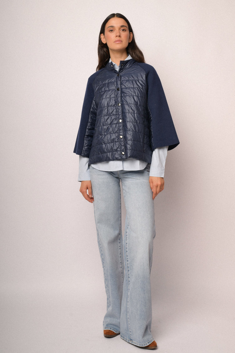 Giacca bimateriale in nylon e maglia blu navy
