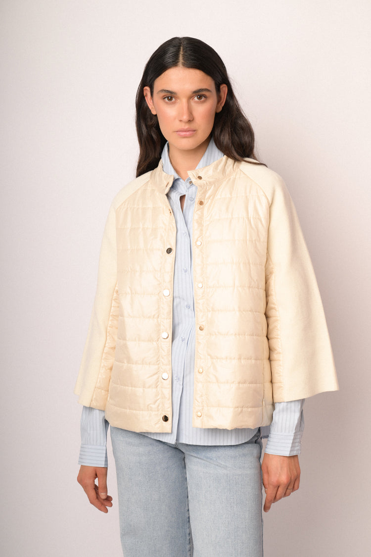 Giacca bimateriale in nylon e maglia avorio