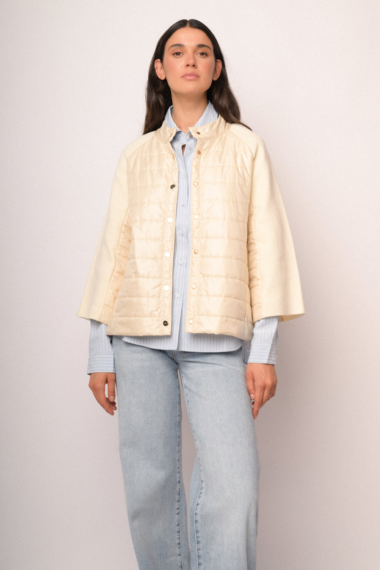 Giacca bimateriale in nylon e maglia avorio