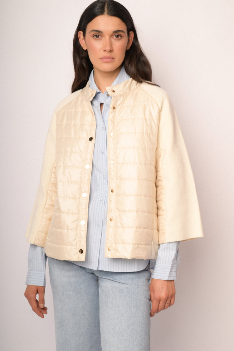 Giacca bimateriale in nylon e maglia avorio