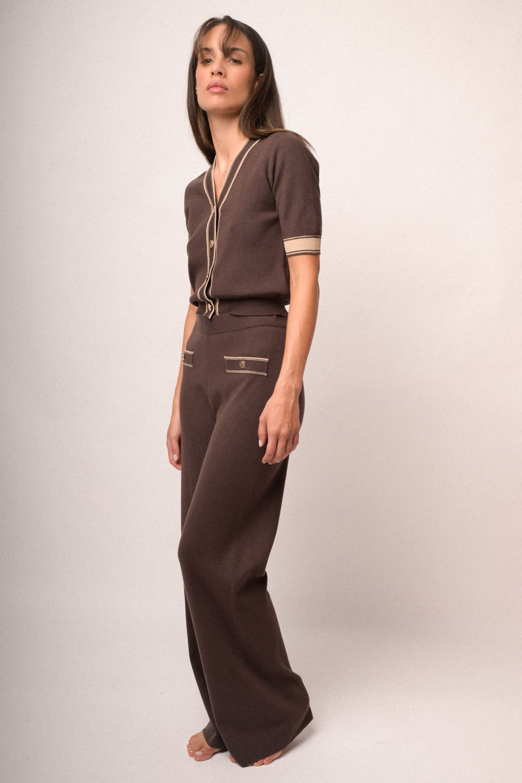 Pantaloni in maglia cioccolato con profili lurex