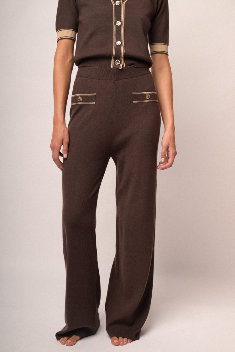 Pantaloni in maglia cioccolato con profili lurex