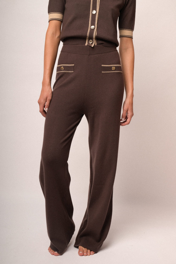Pantaloni in maglia cioccolato con profili lurex