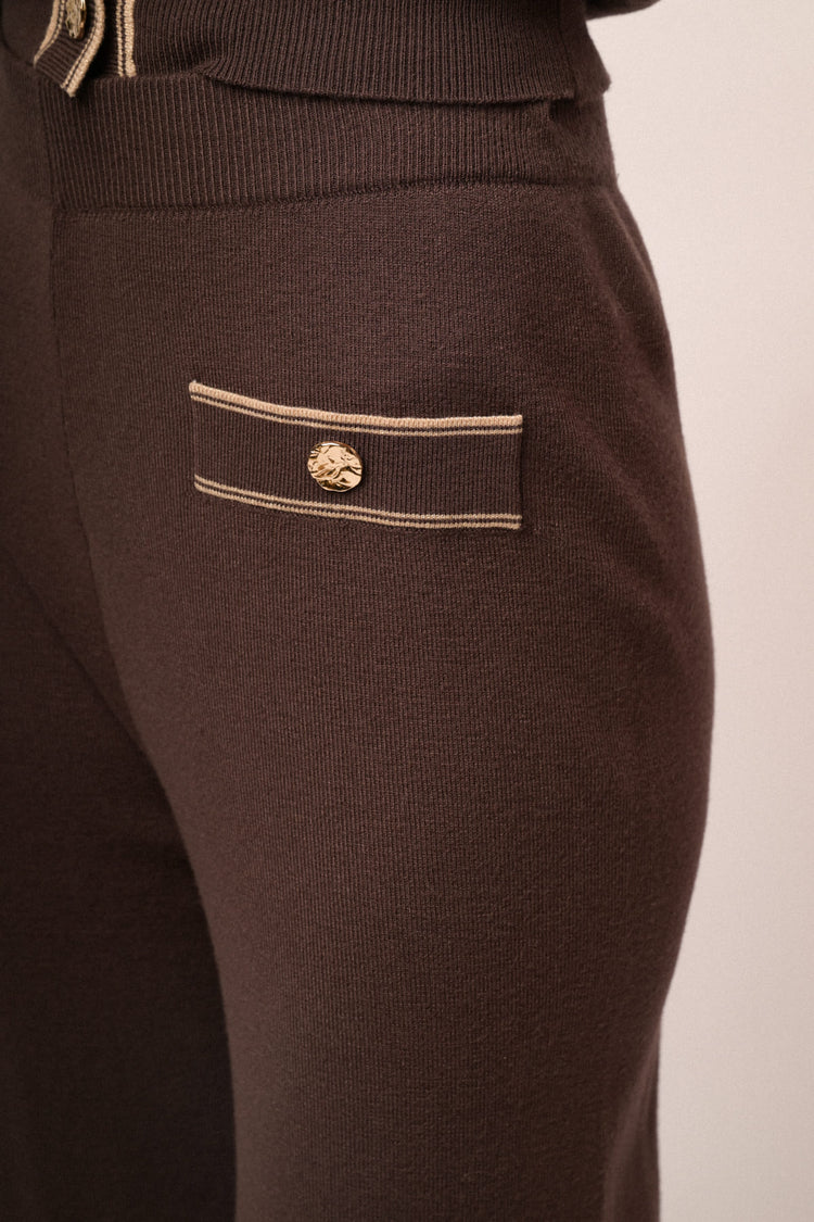 Pantaloni in maglia cioccolato con profili lurex