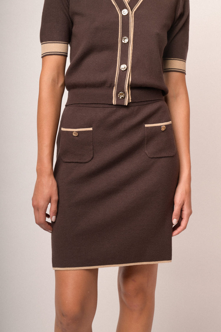Gonna in maglia cioccolato con tasche e profili lurex