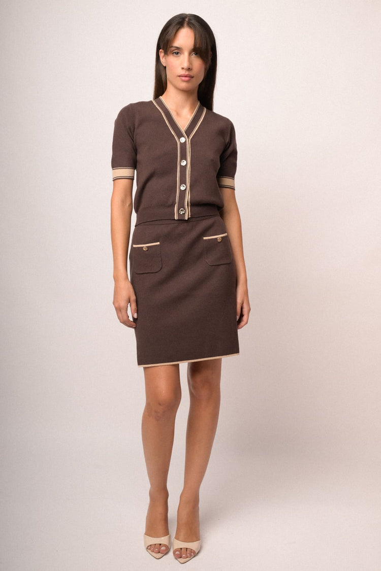 Gonna in maglia cioccolato con tasche e profili lurex