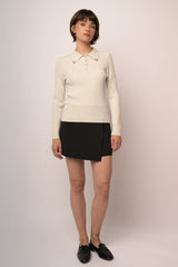 Pull a polo in maglia lurex avorio con strass al colletto