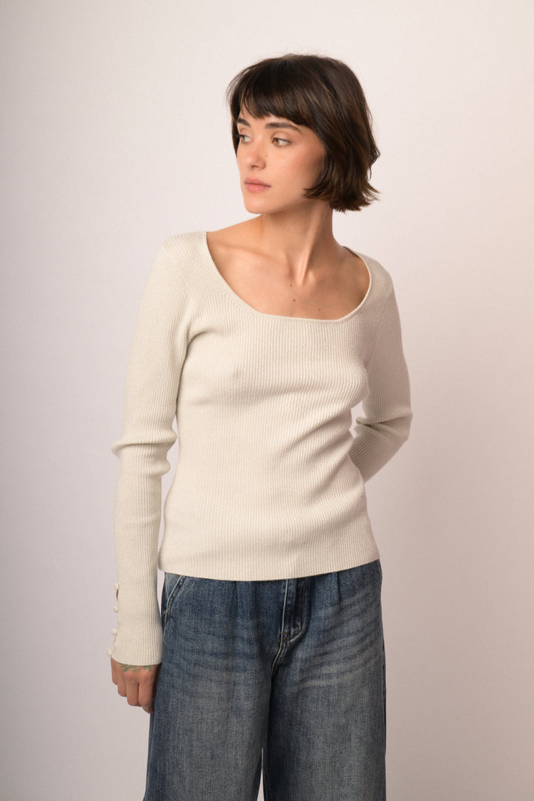Pull in maglia lurex a costine avorio