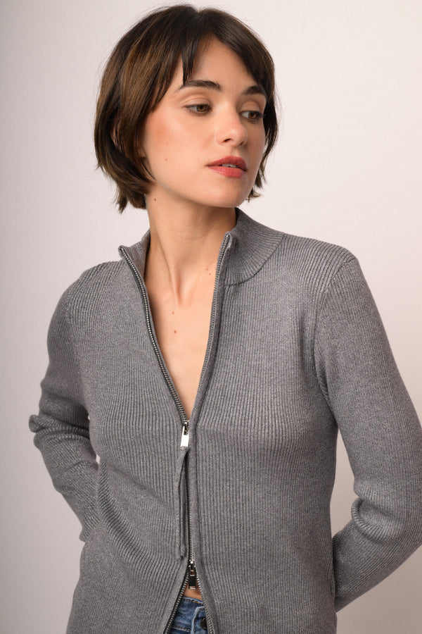 Cardigan in maglia lurex grigia con zip