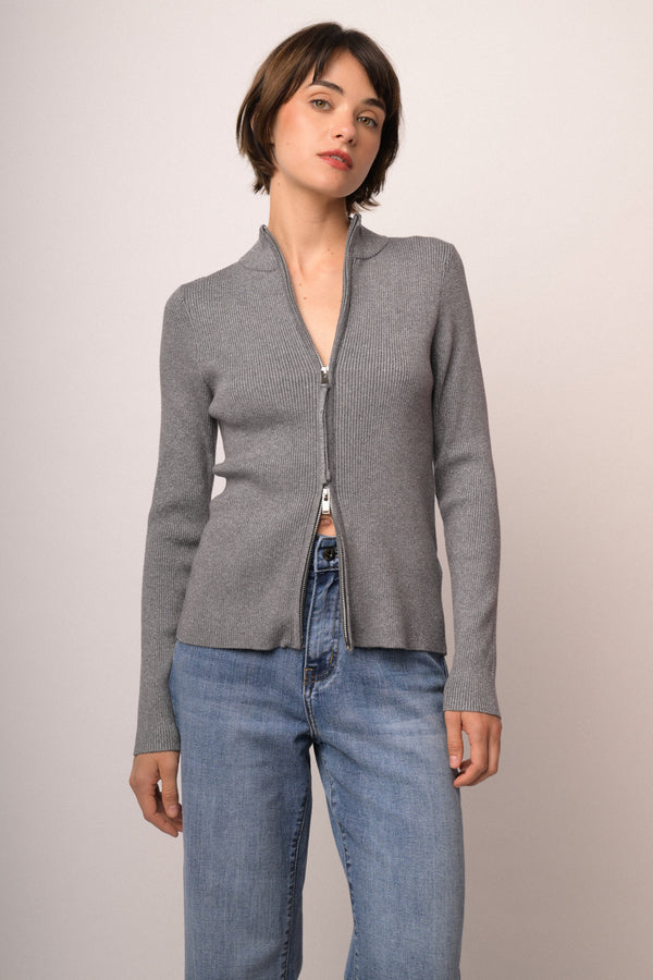 Cardigan in maglia lurex grigia con zip