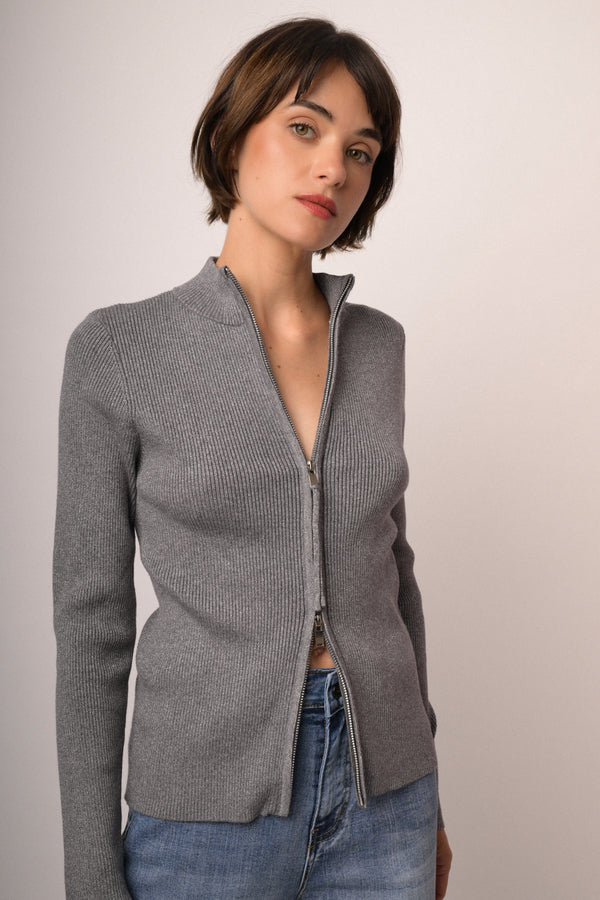 Cardigan in maglia lurex grigia con zip