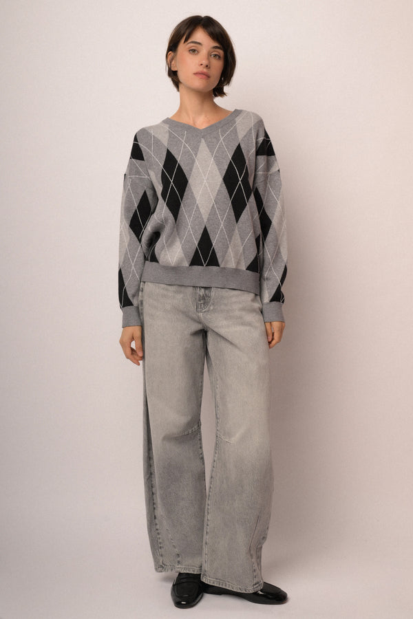 Pull in maglia a rombi grigio/multicolor