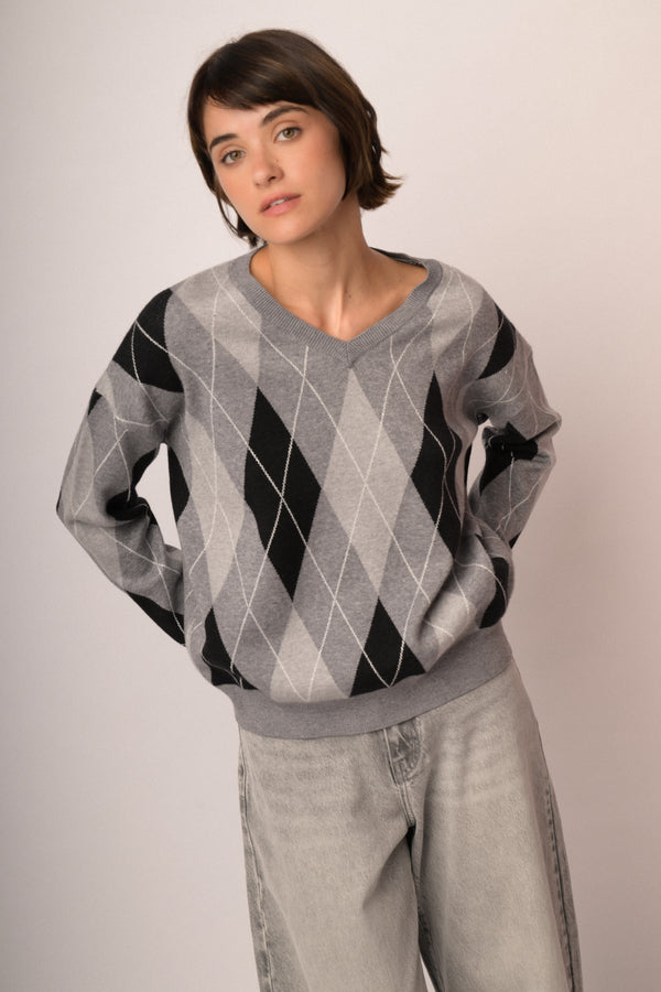 Pull in maglia a rombi grigio/multicolor
