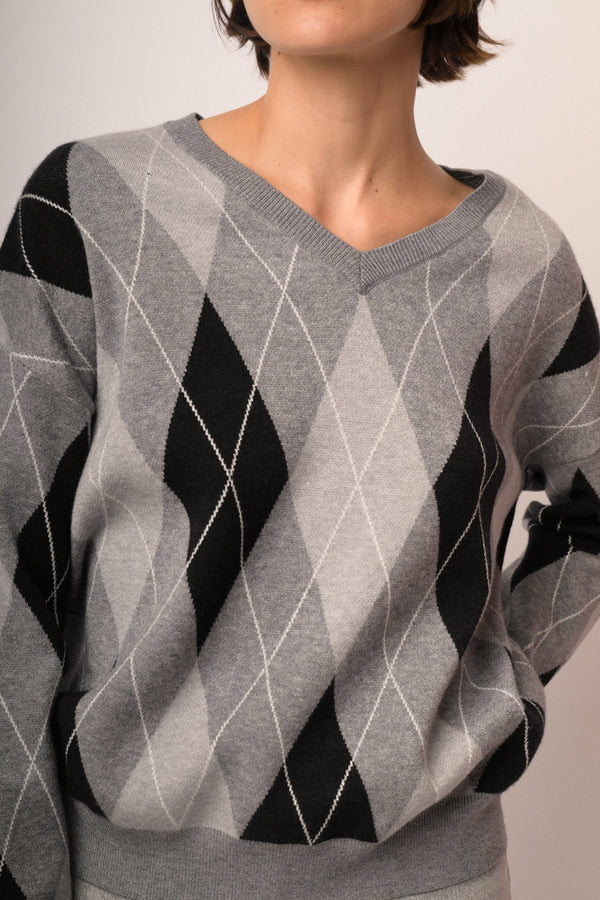 Pull in maglia a rombi grigio/multicolor