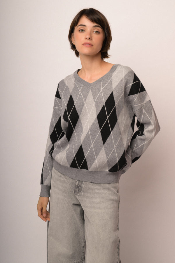 Pull in maglia a rombi grigio/multicolor