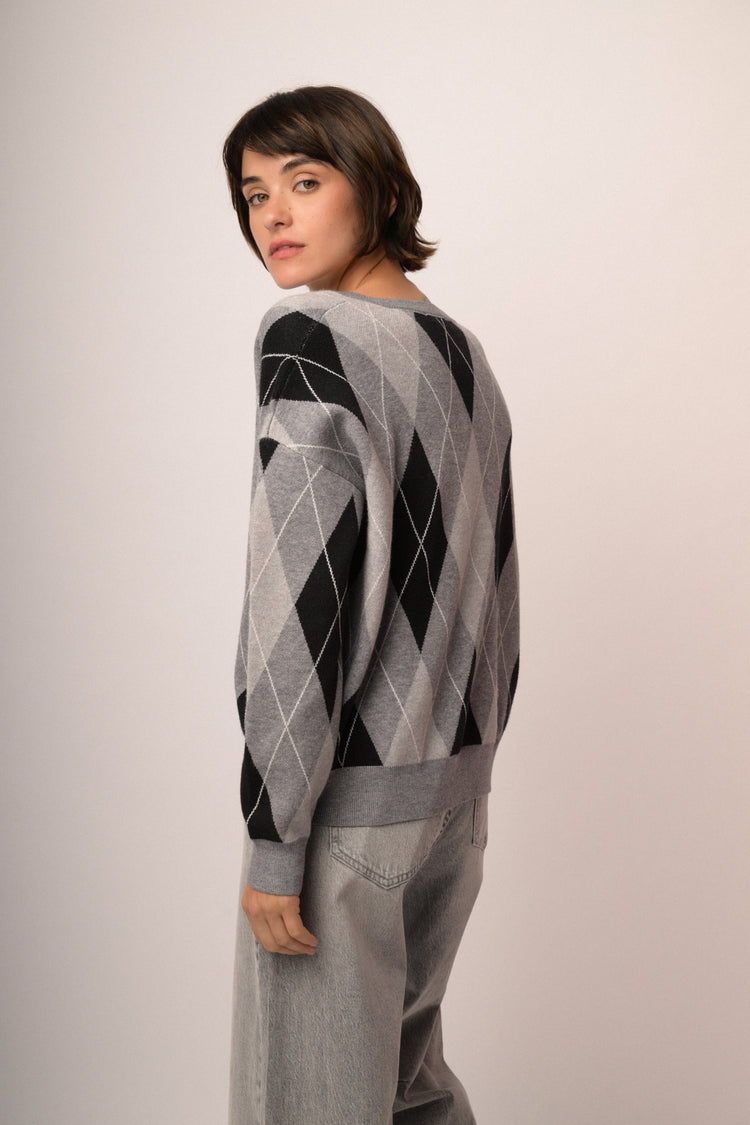 Pull in maglia a rombi grigio/multicolor