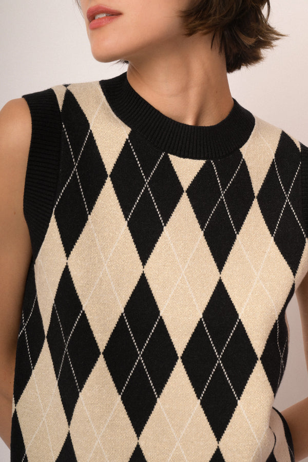 Top in maglia lurex a rombi beige/multicolor