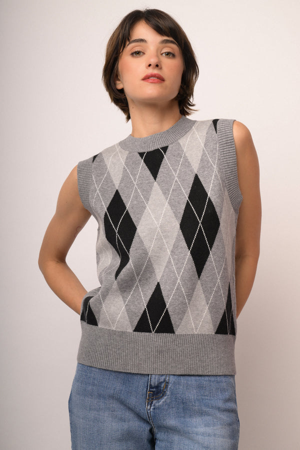 Top in maglia lurex a rombi grigio/multicolor