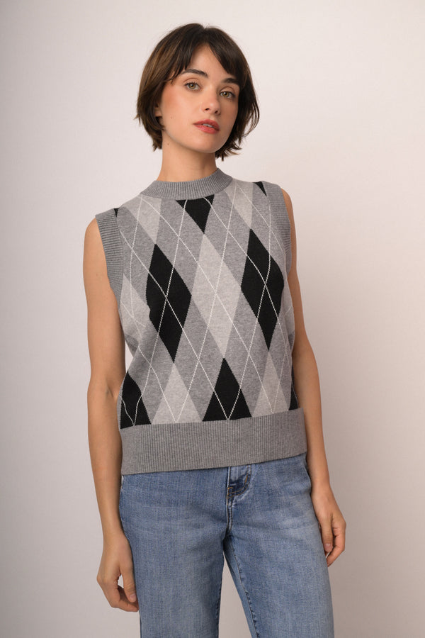 Top in maglia lurex a rombi grigio/multicolor