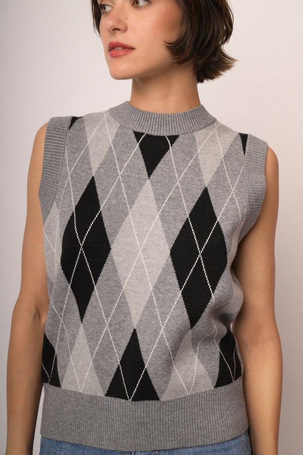 Top in maglia lurex a rombi grigio/multicolor