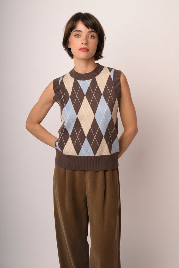 Top in maglia a rombi multicolor