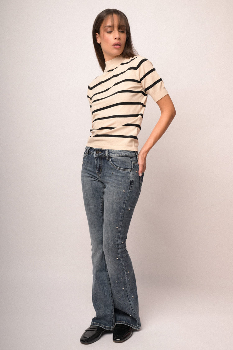 Lupetto in maglia lurex a righe avorio/nero