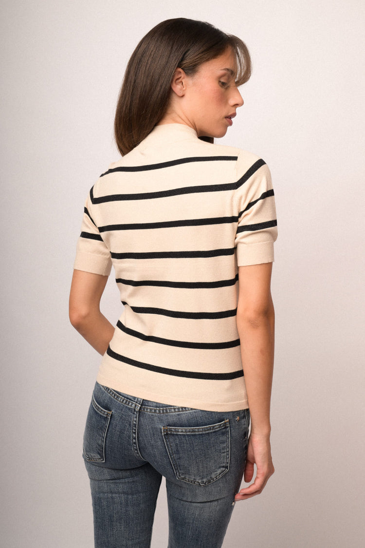 Lupetto in maglia lurex a righe avorio/nero