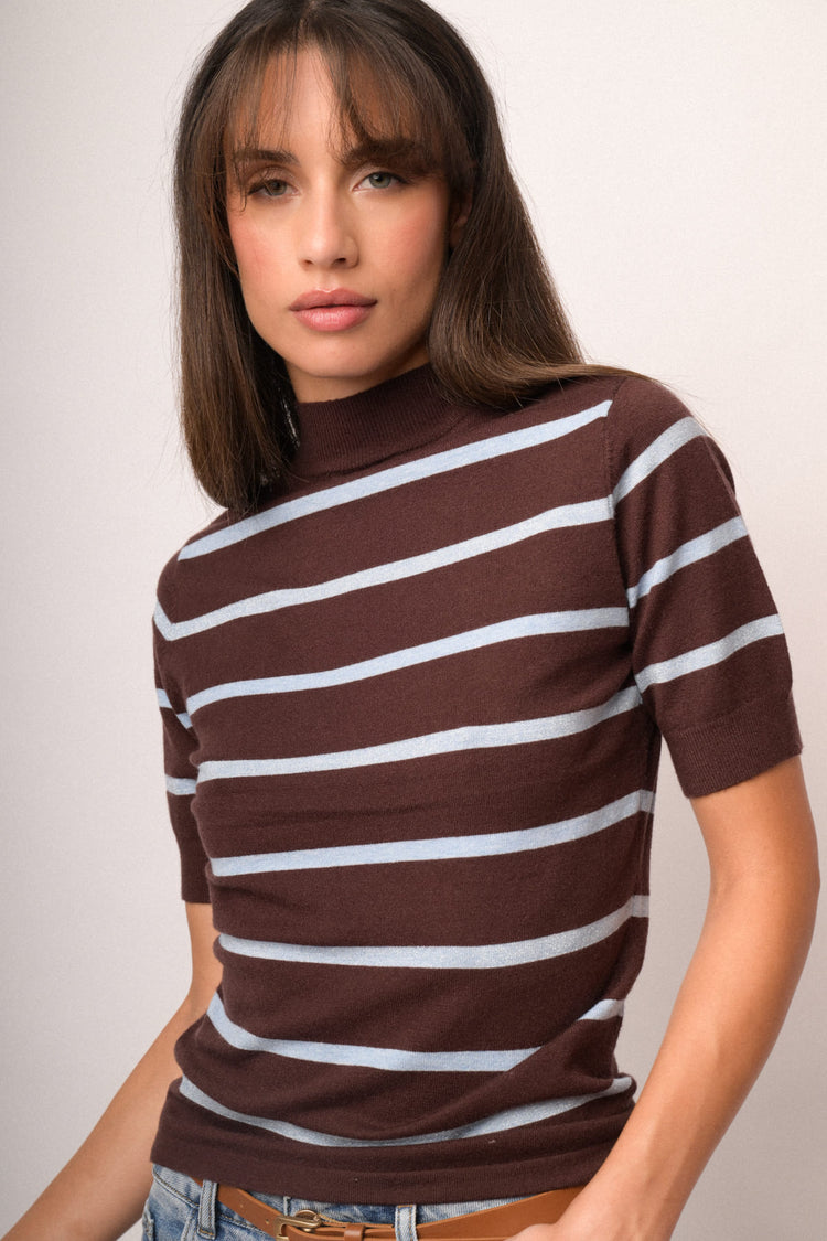 Lupetto in maglia lurex a righe cioccolato/celeste