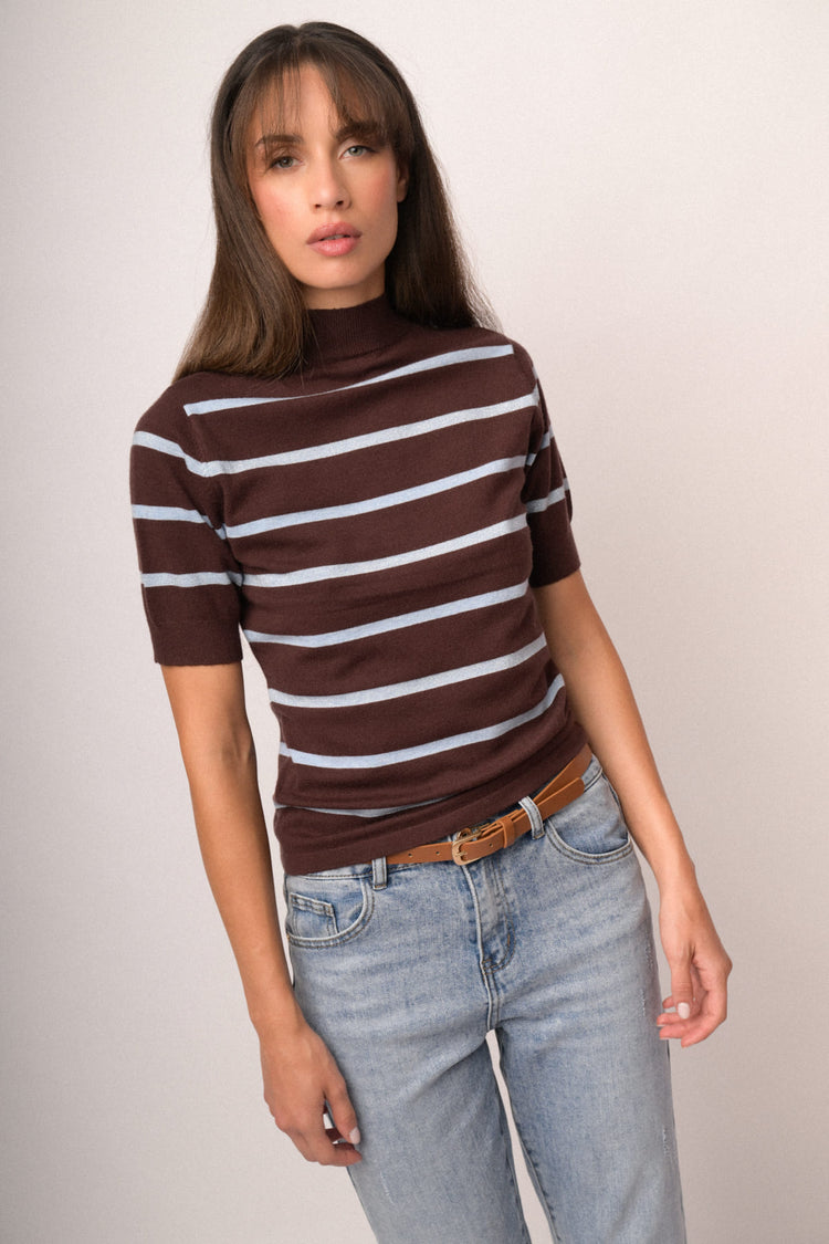 Lupetto in maglia lurex a righe cioccolato/celeste