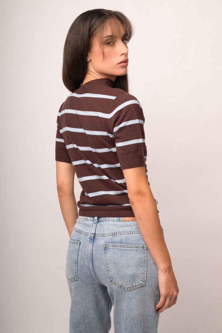 Lupetto in maglia lurex a righe cioccolato/celeste