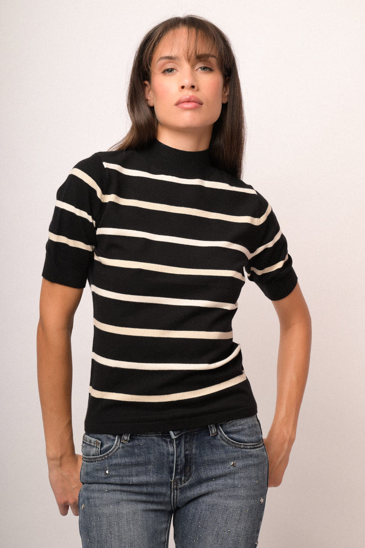 Lupetto in maglia lurex a righe nero/avorio