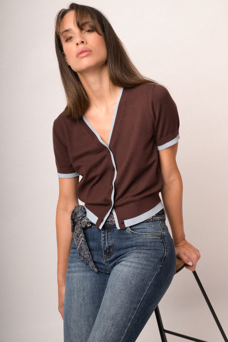 Cardigan in maglia cioccolato con profili lurex