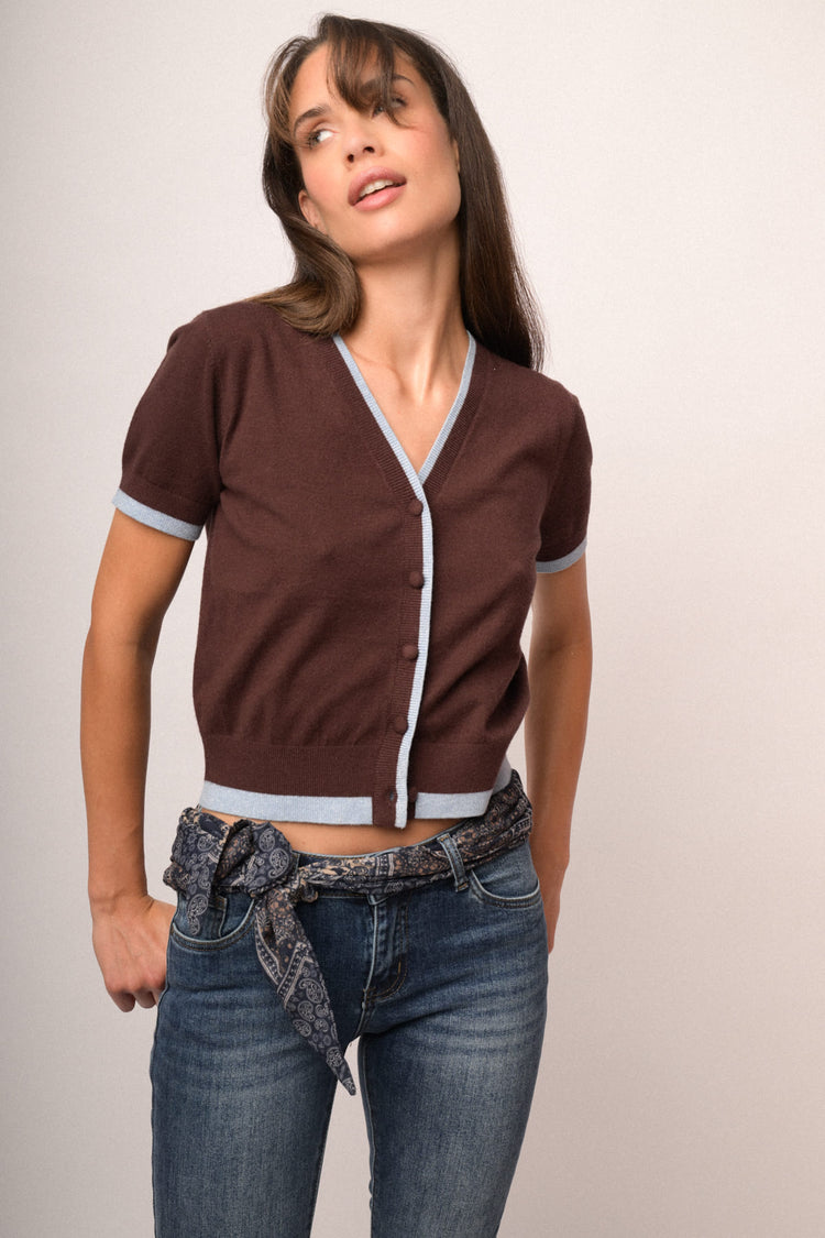 Cardigan in maglia cioccolato con profili lurex