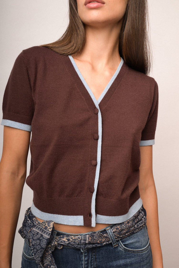 Cardigan in maglia cioccolato con profili lurex
