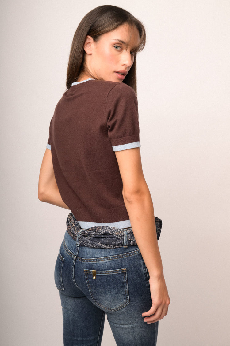 Cardigan in maglia cioccolato con profili lurex