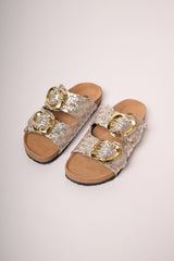 Sandali slides flat in pelle intrecciata argento