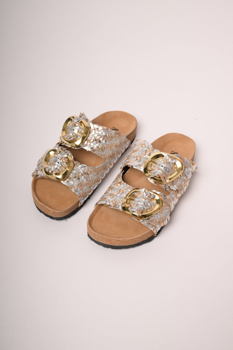 Sandali slides flat in pelle intrecciata argento
