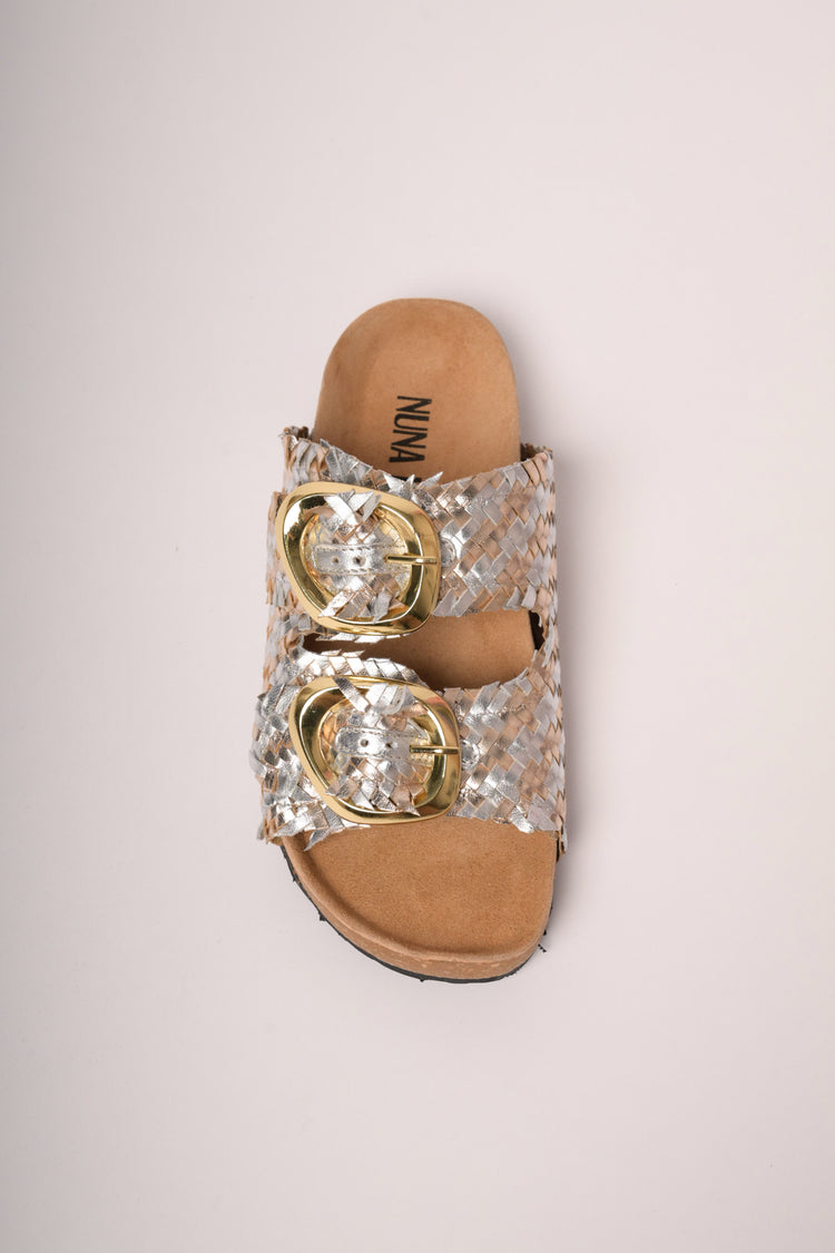 Sandali slides flat in pelle intrecciata argento