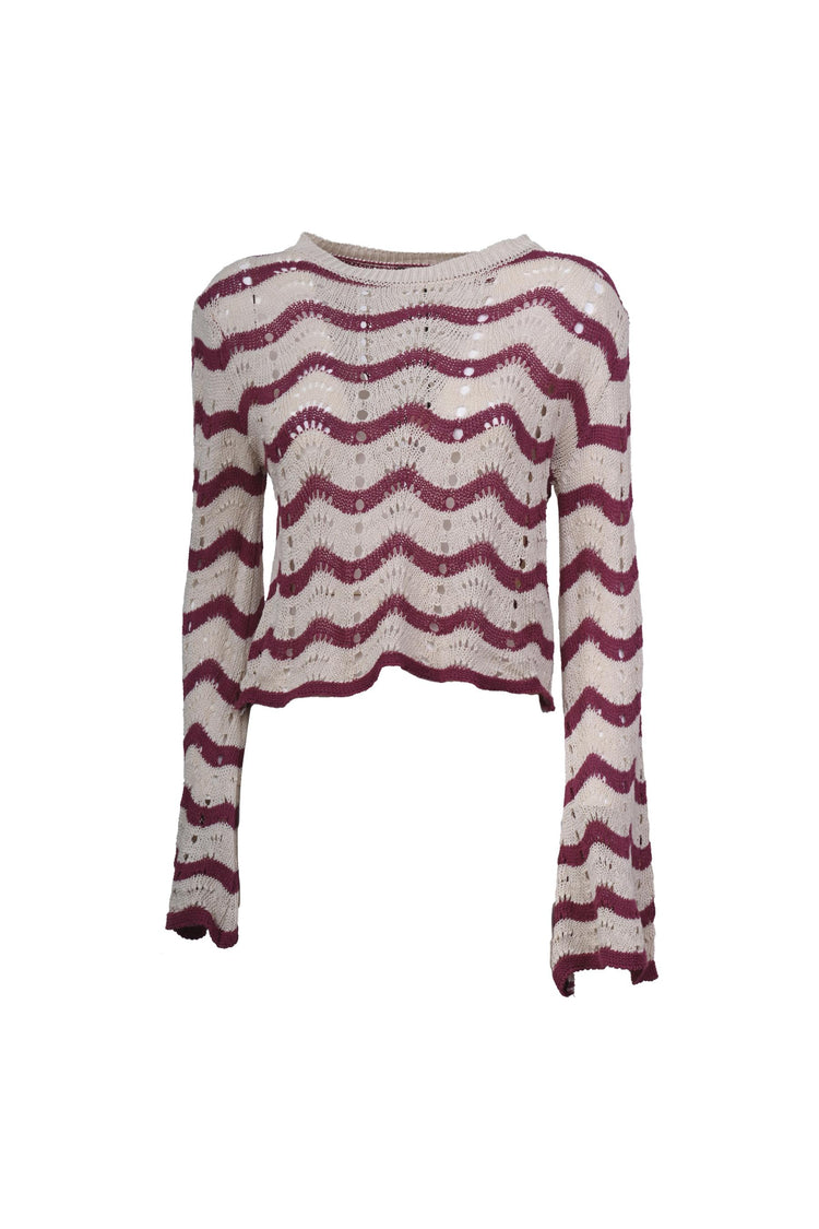 Pull crochet a righe con maniche svasate