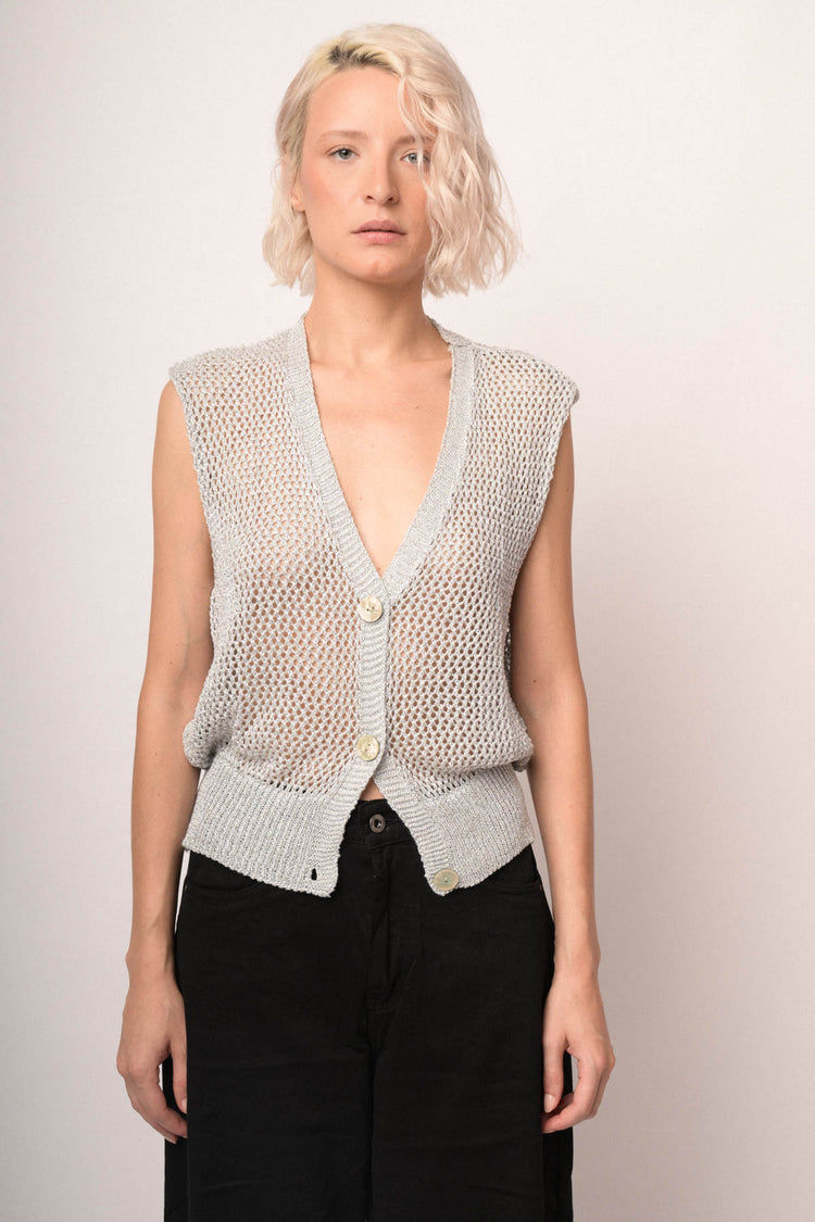 Gilet in maglia crochet lurex argento