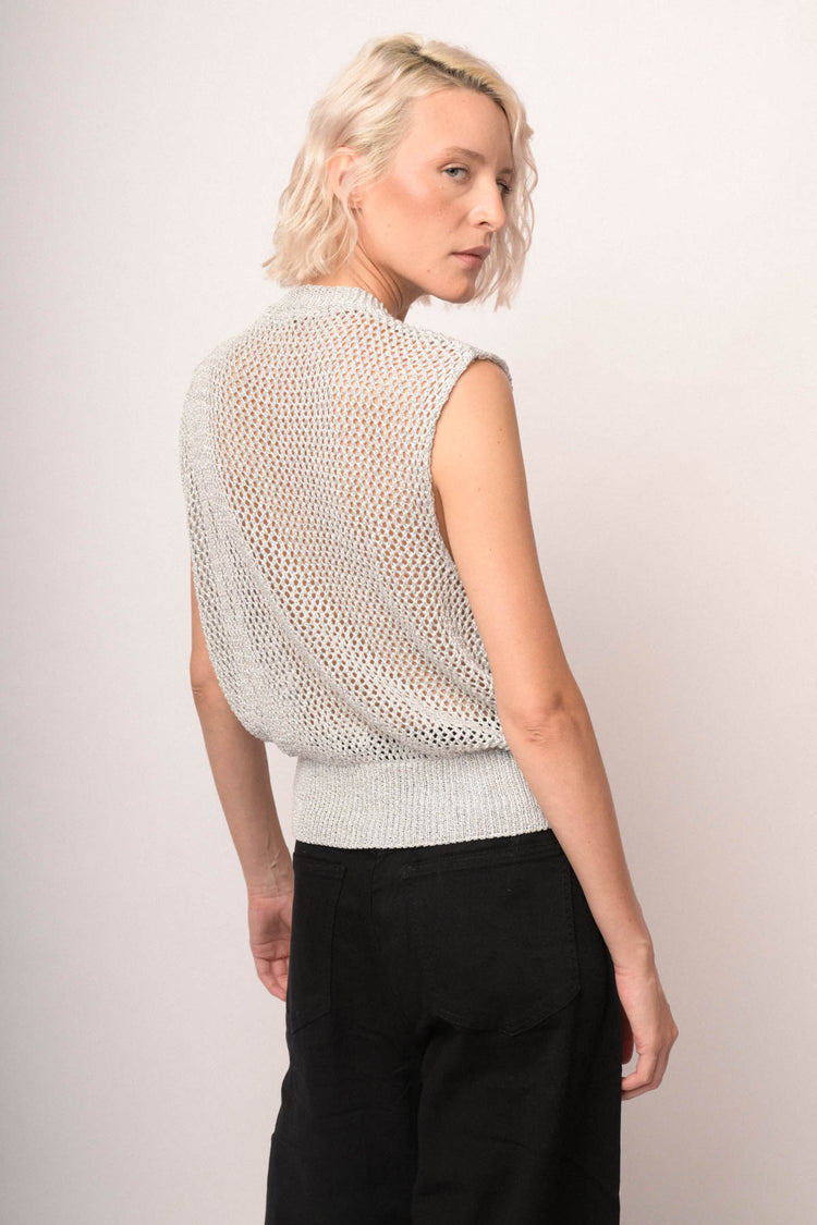 Gilet in maglia crochet lurex argento