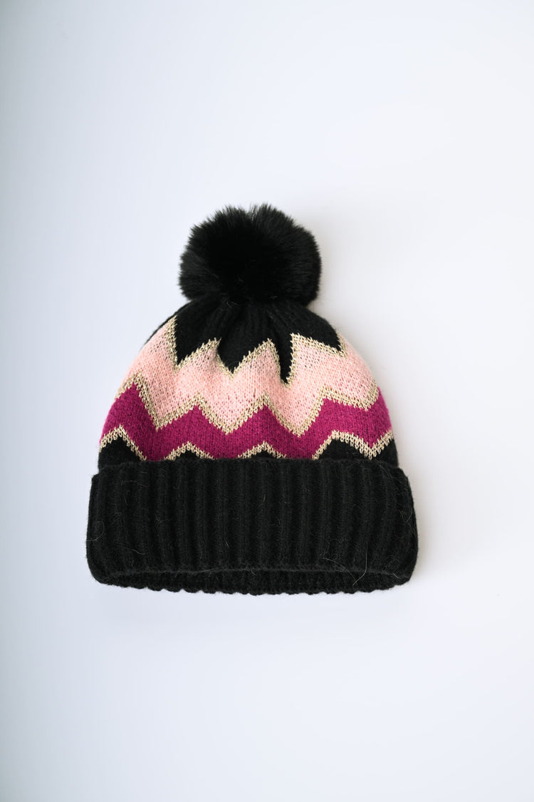 Berretto a motivo zig-zag con pompon