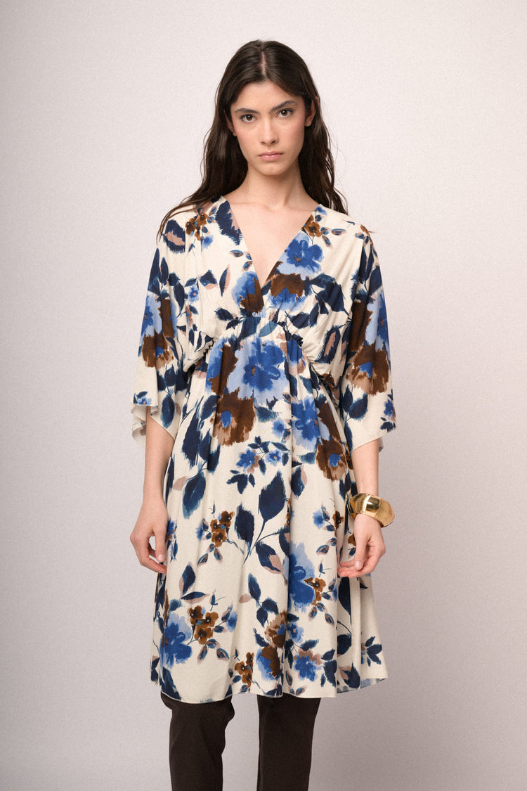 Abito corto a kimono con stampa floreale multicolor