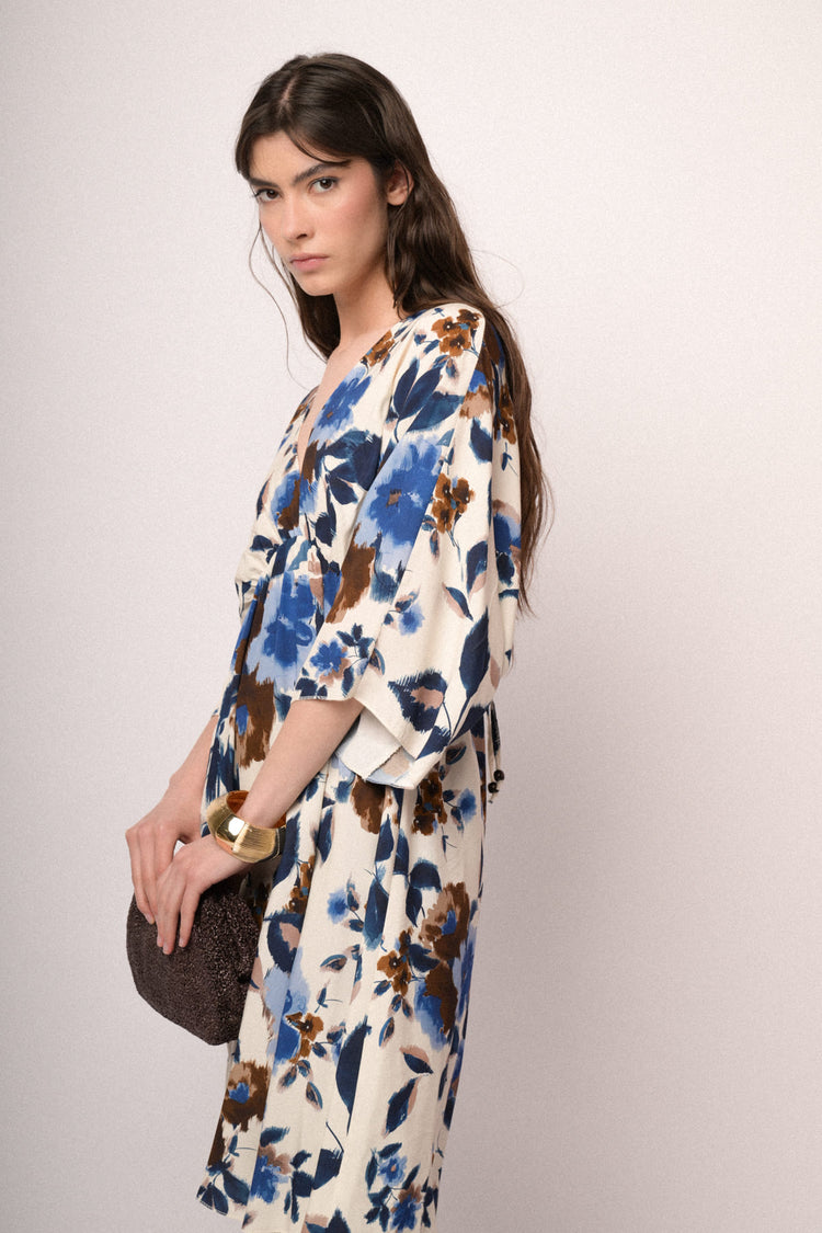 Abito corto a kimono con stampa floreale multicolor