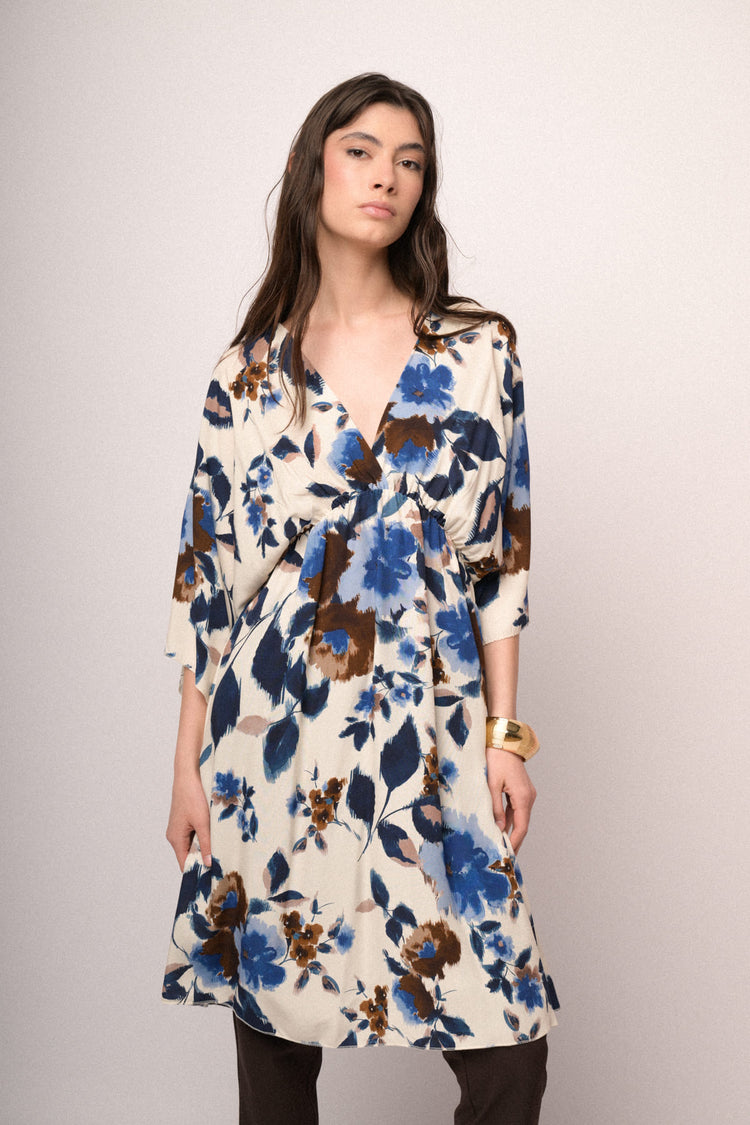 Abito corto a kimono con stampa floreale multicolor