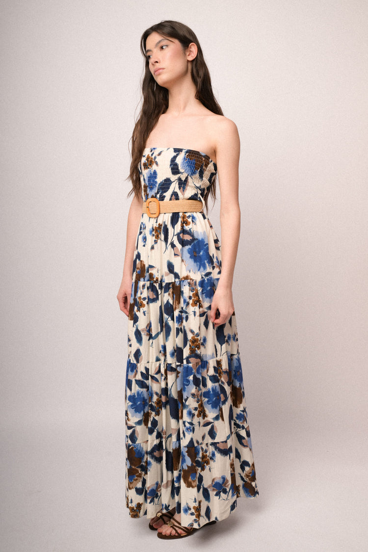 Abito lungo a punto smock con stampa floreale multicolor